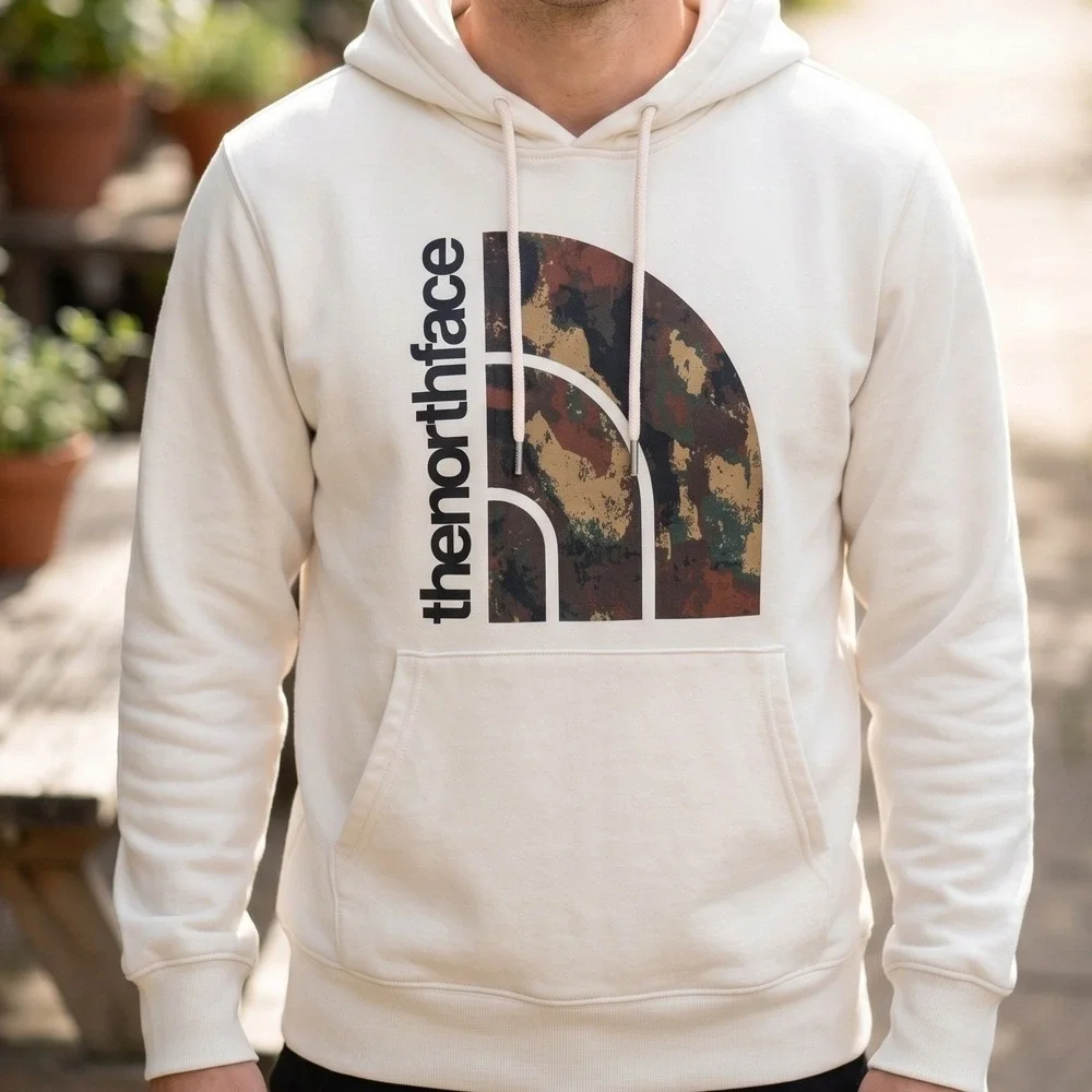 The North Face Mens Cream Camo Logo Pullover Hoodie Off White Sweatshirt L